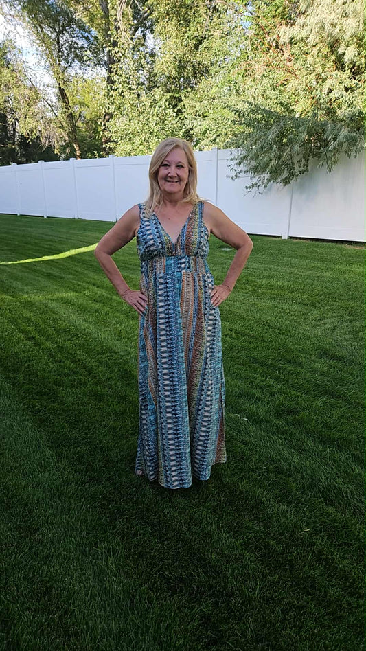 Dyana modeling the Printed Sleeveless Maxi Slit Dress