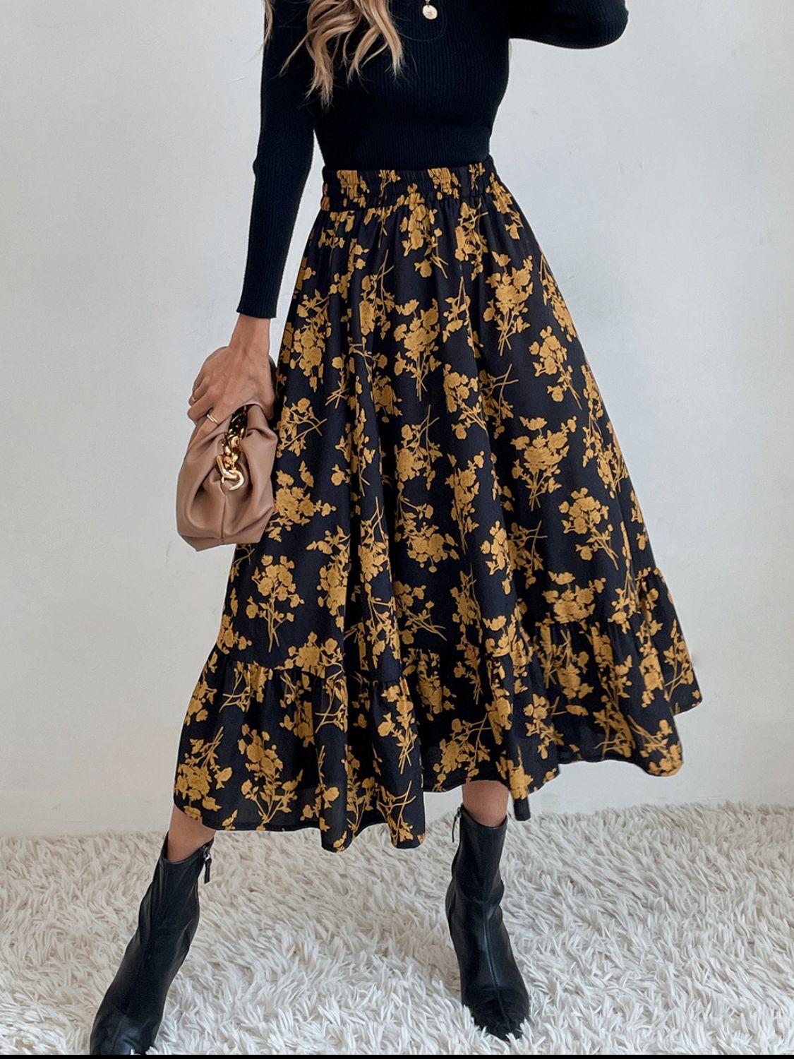 Printed Elastic Waist Midi Skirt