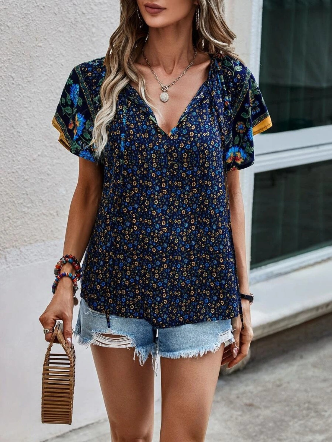 Printed Tie Neck Short Sleeve Blouse