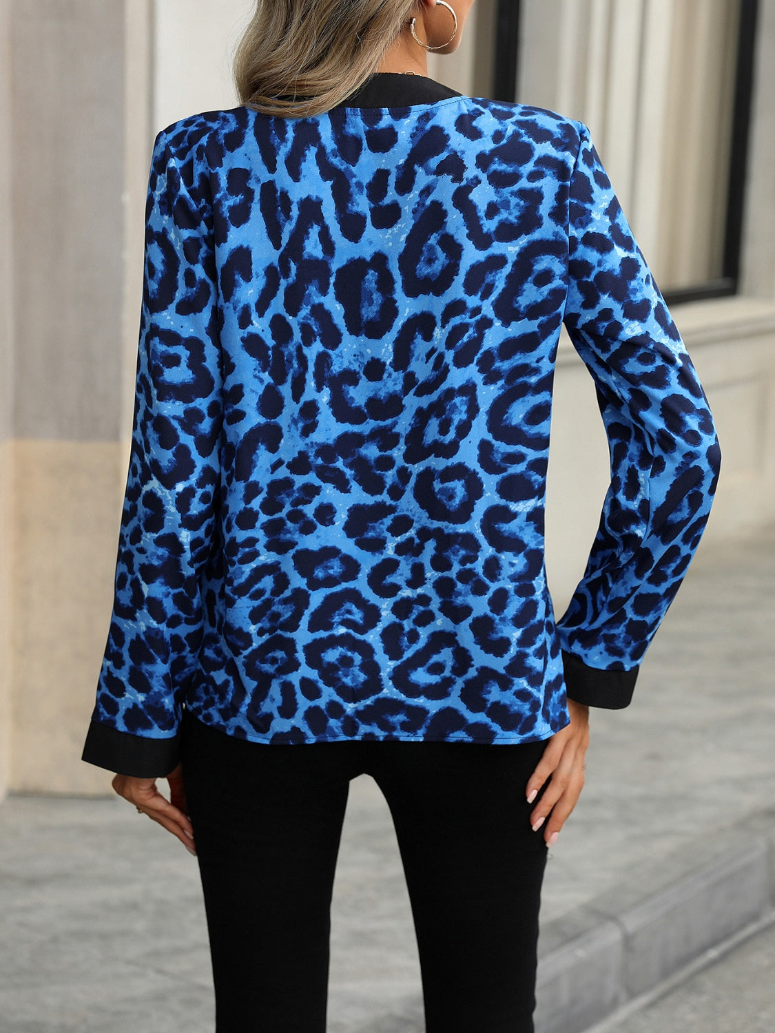 Leopard Notched Long Sleeve Blouse