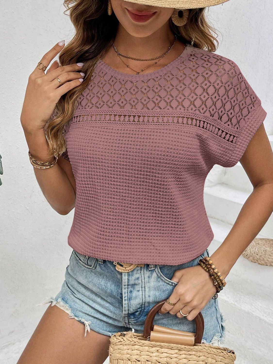 Waffle-Knit Round Neck Short Sleeve Top