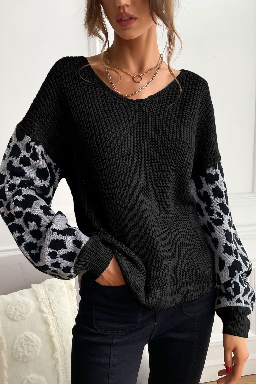 Perfee Leopard Sleeve Dropped Shoulder Sweater