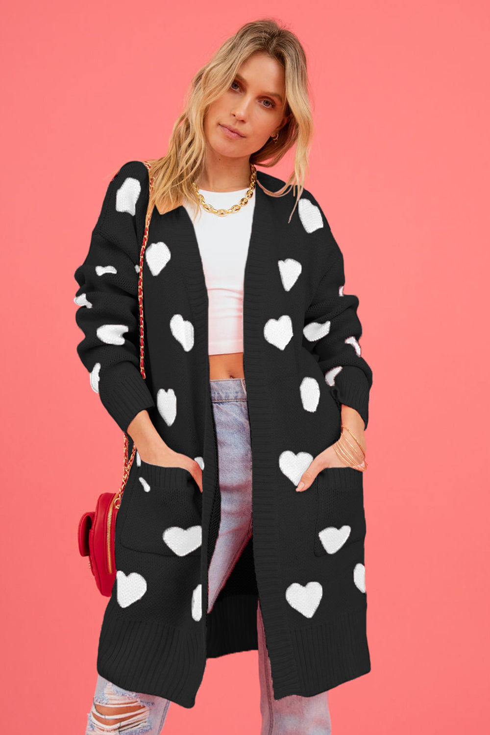 Heart Graphic Open Front Cardigan with Pockets