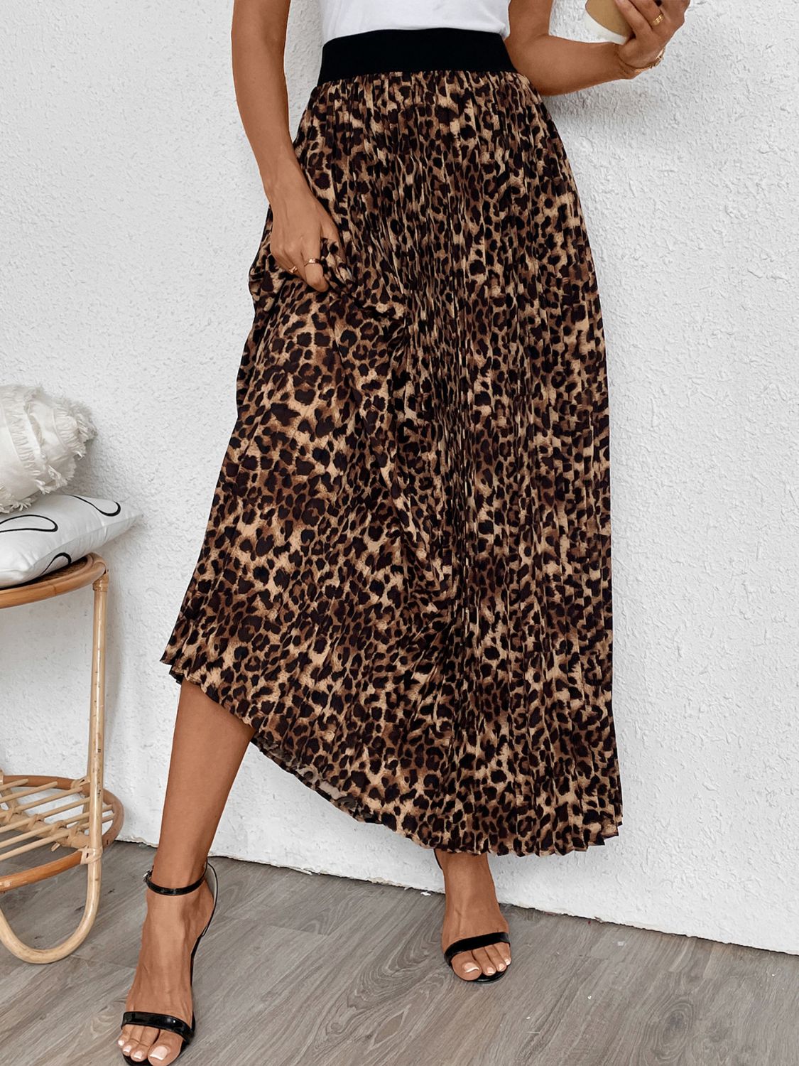 Perfee Pleated Leopard Maxi Skirt