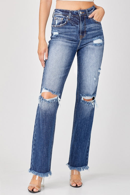 Risen Full Size Raw Hem Distressed Straight Jeans - REVIVAL