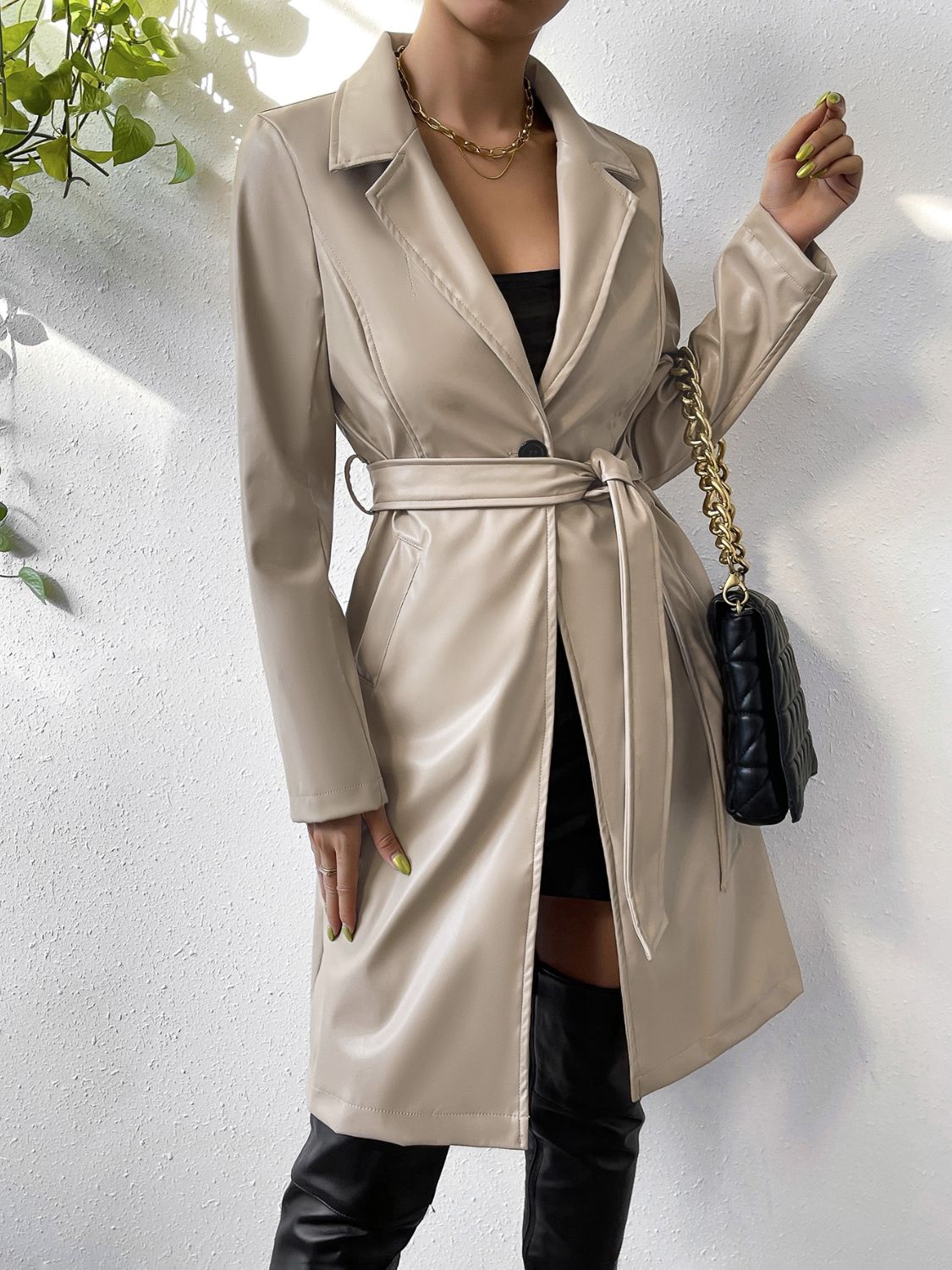 Tied PU Leather Long Sleeve Trench Coat