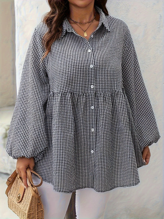 Plus Size Plaid Collared Neck Long Sleeve Shirt