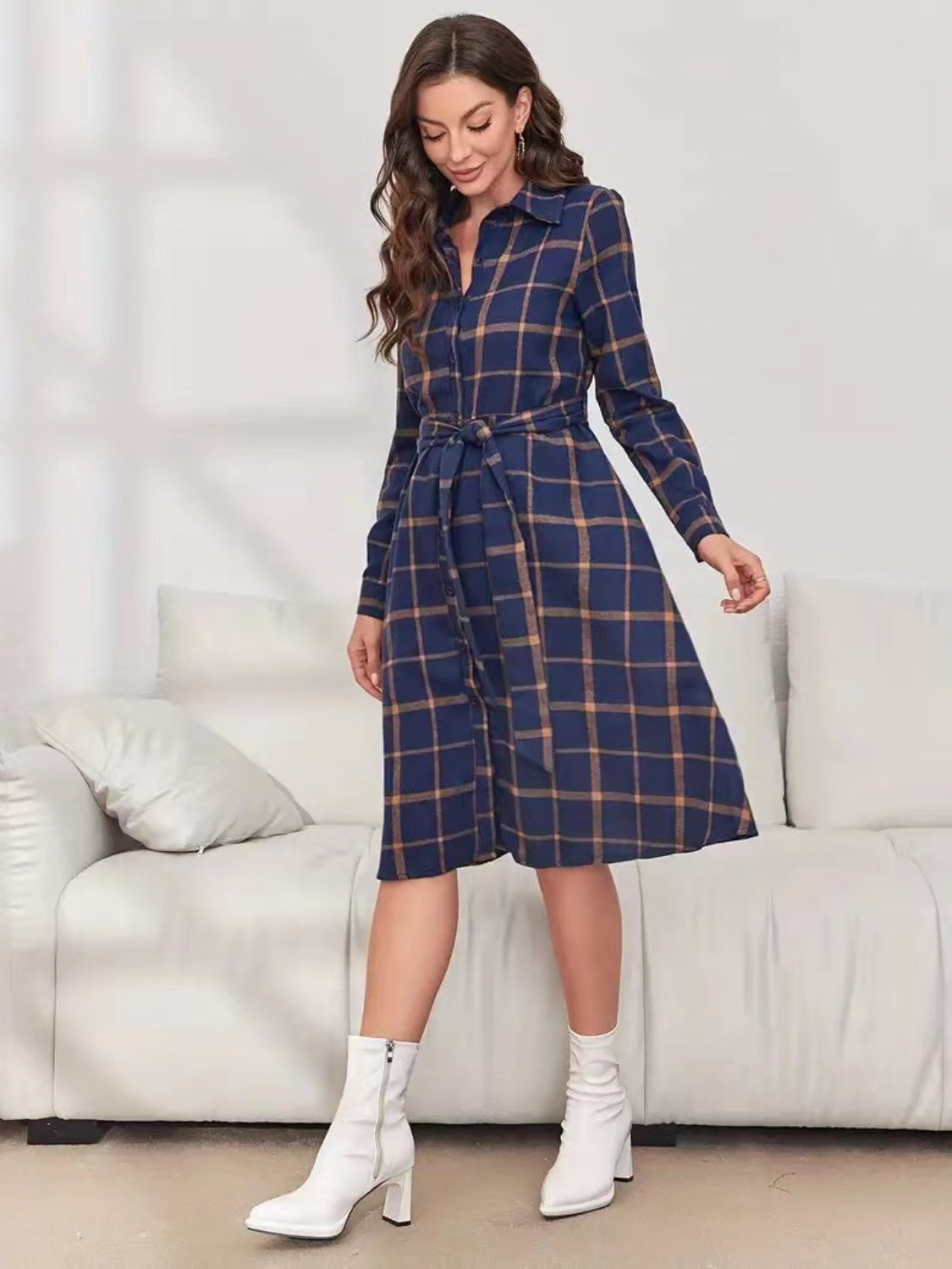 Plaid Tie Waist Long Sleeve Dress