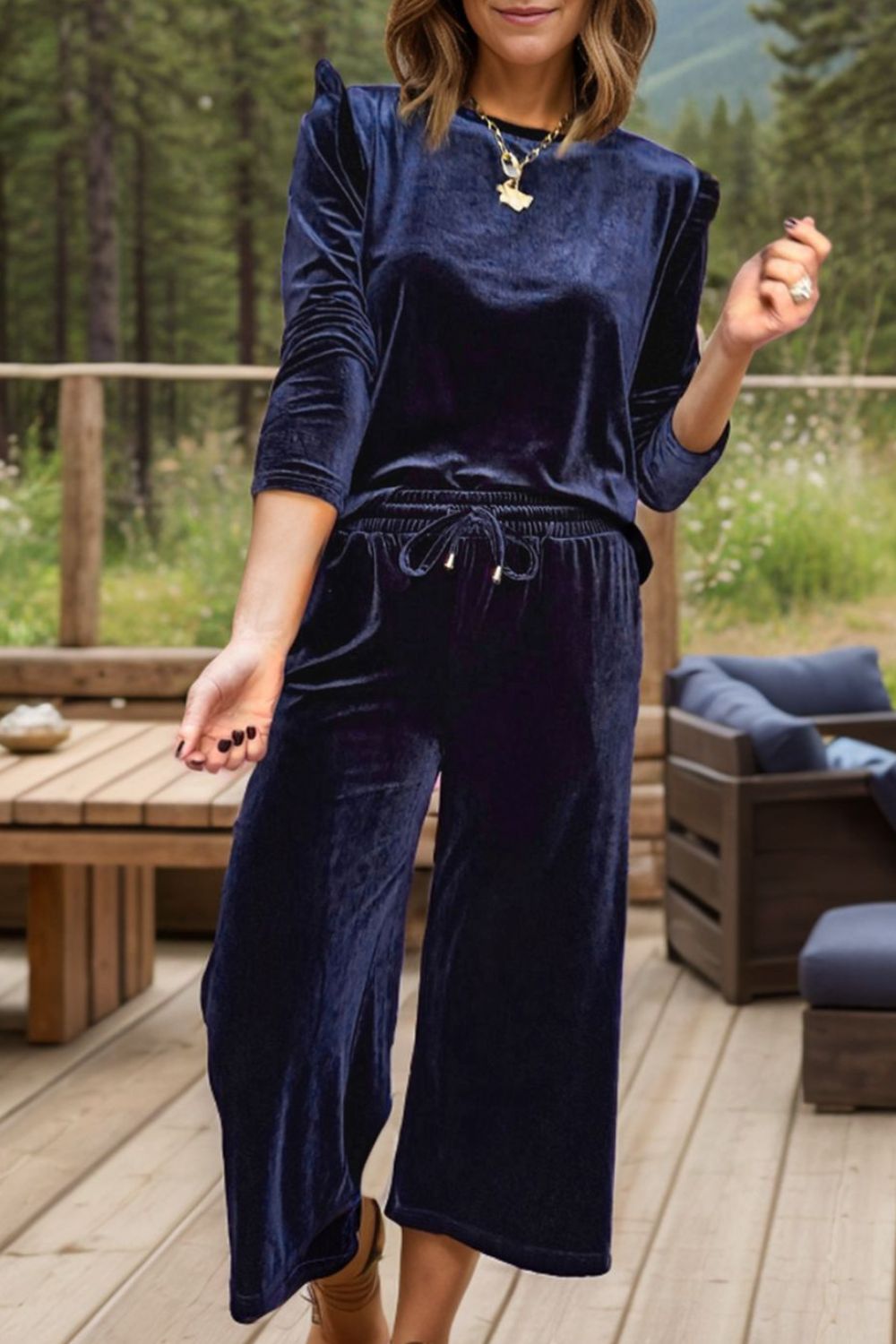 Velvet Round Neck Long Sleeve Top and Drawstring Pants Lounge Set