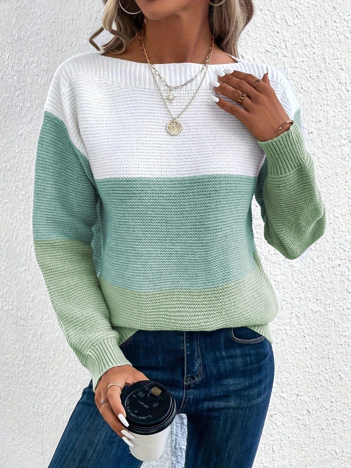 Color Block Boat Neck Sweater