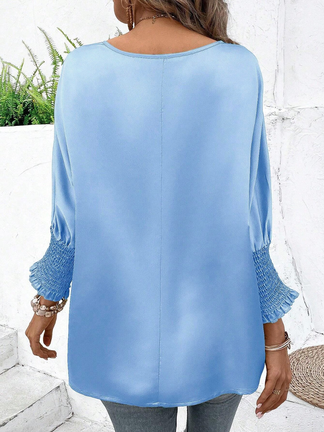 Smocked Round Neck Three-Quarter Sleeve Blouse