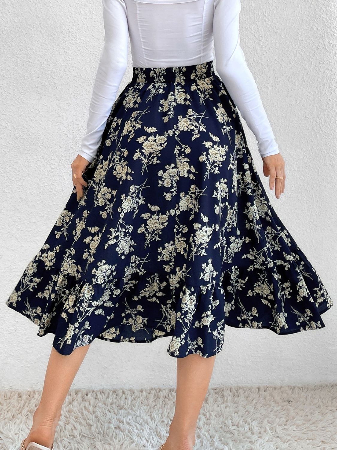 Printed Elastic Waist Midi Skirt