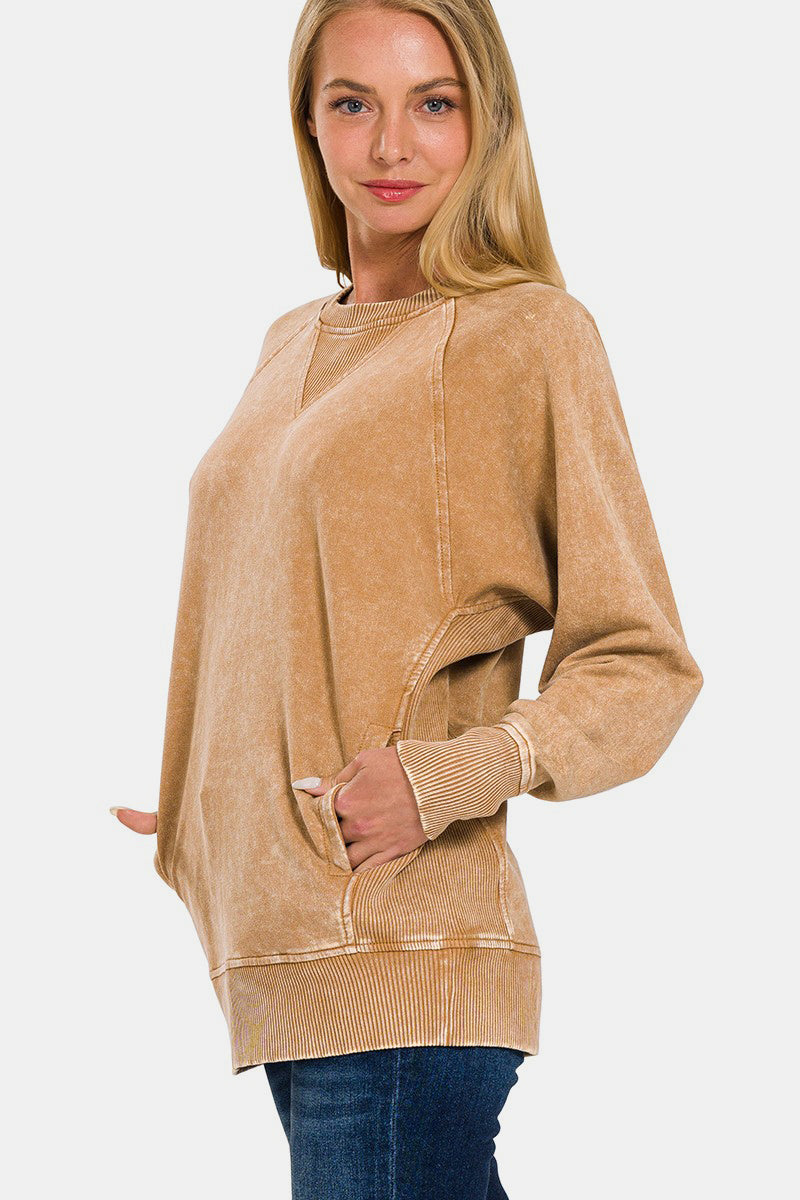 Zenana Pocketed Round Neck Sweatshirt