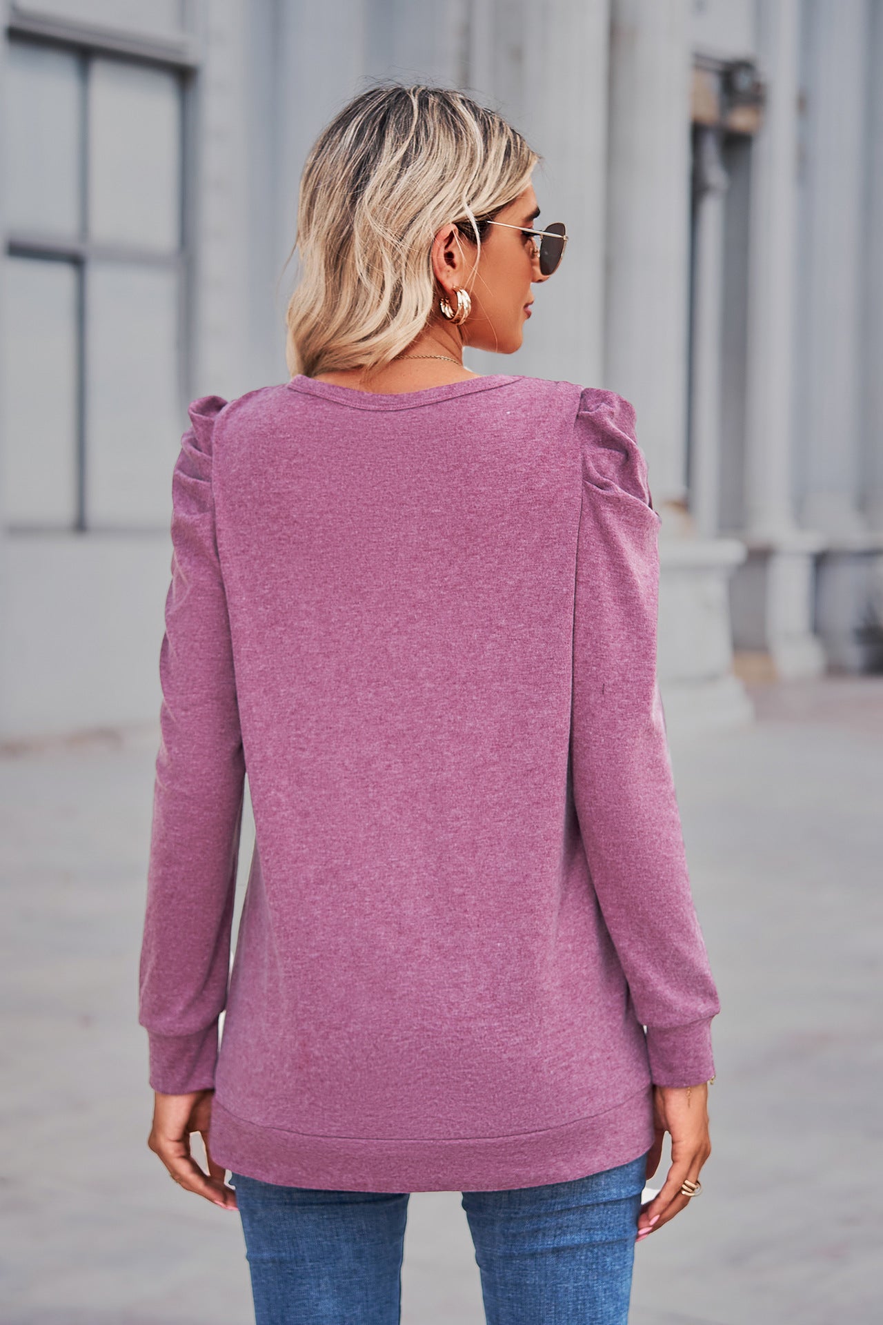 Heathered Puff Sleeve Round Neck Tunic Top