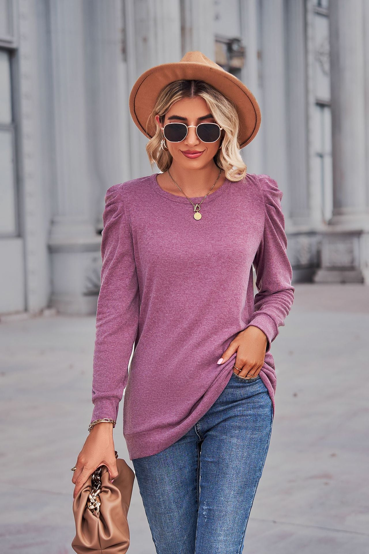 Heathered Puff Sleeve Round Neck Tunic Top