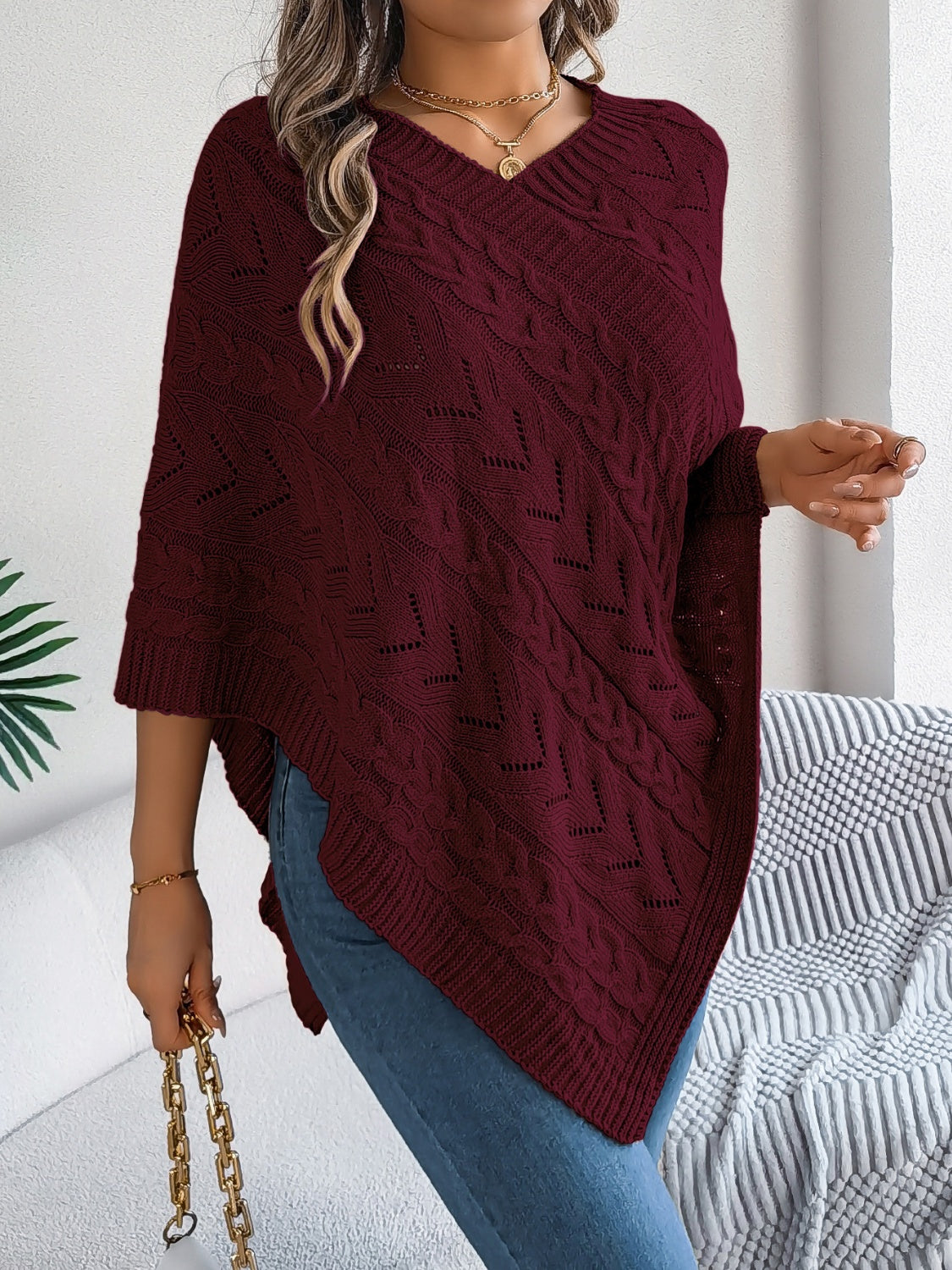 Cable-Knit Openwork Three-Quarter Sleeve Sweater