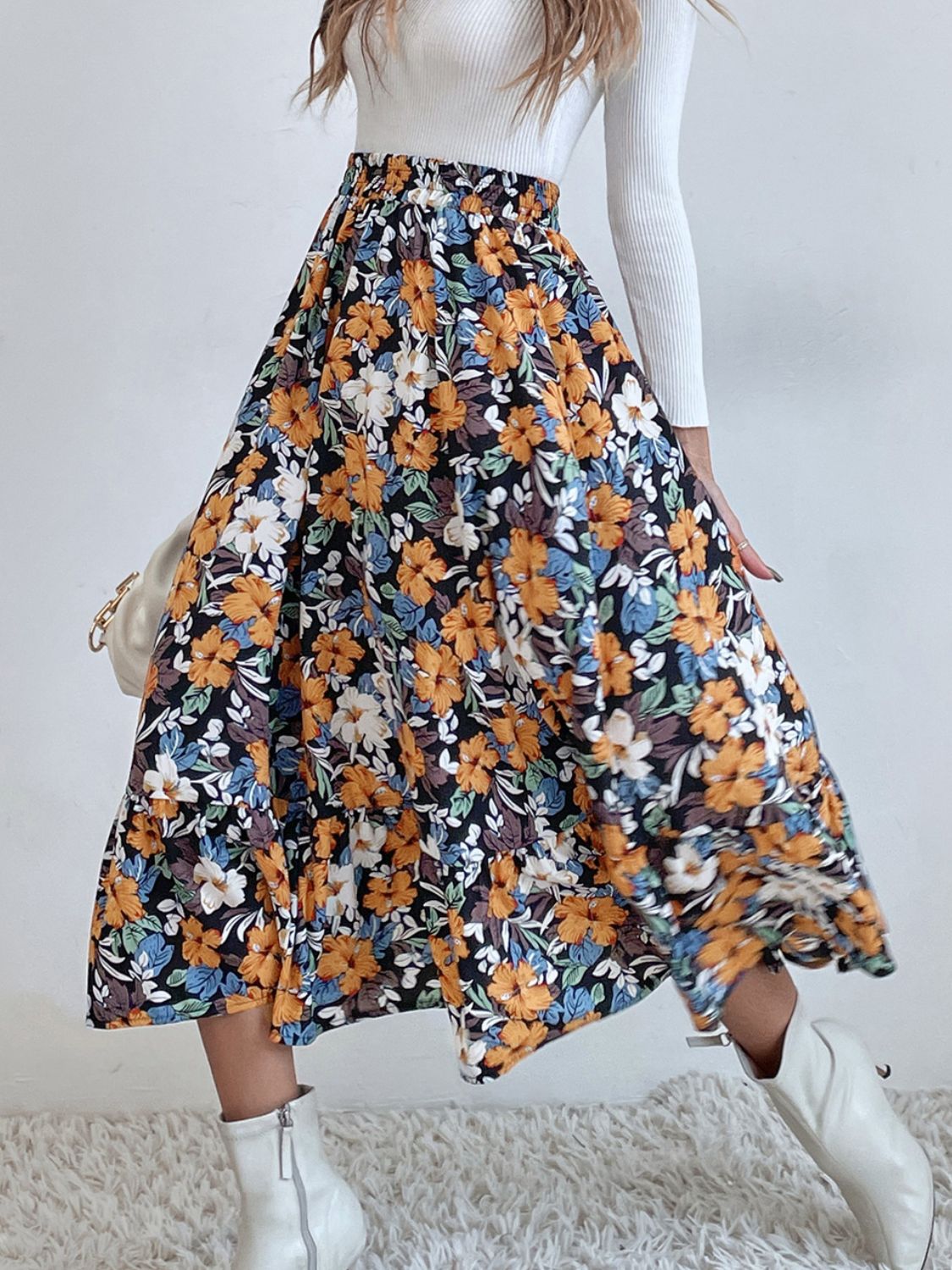 Printed Elastic Waist Midi Skirt