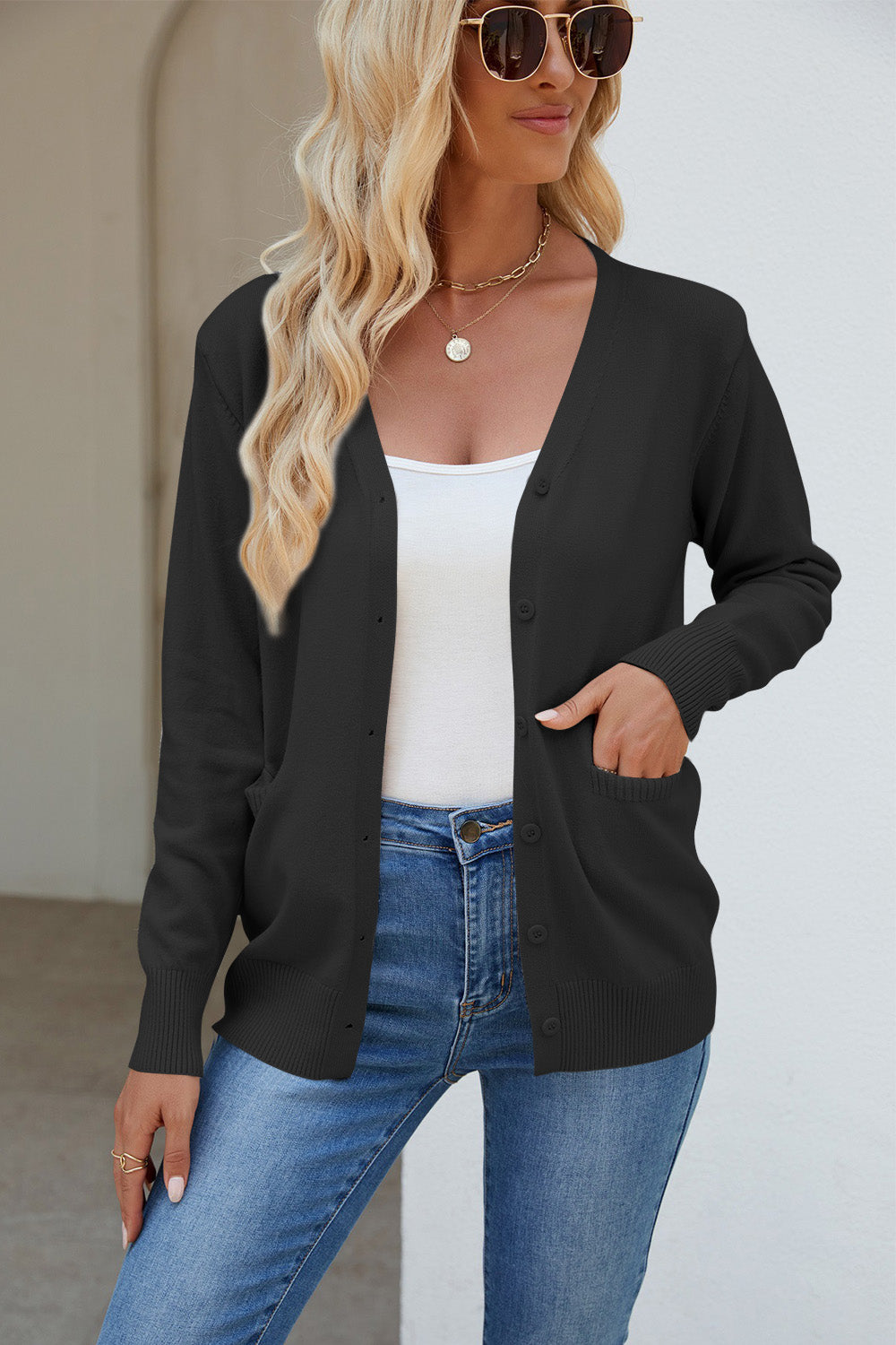 Pocketed V-Neck Button Up Long Sleeve Cardigan