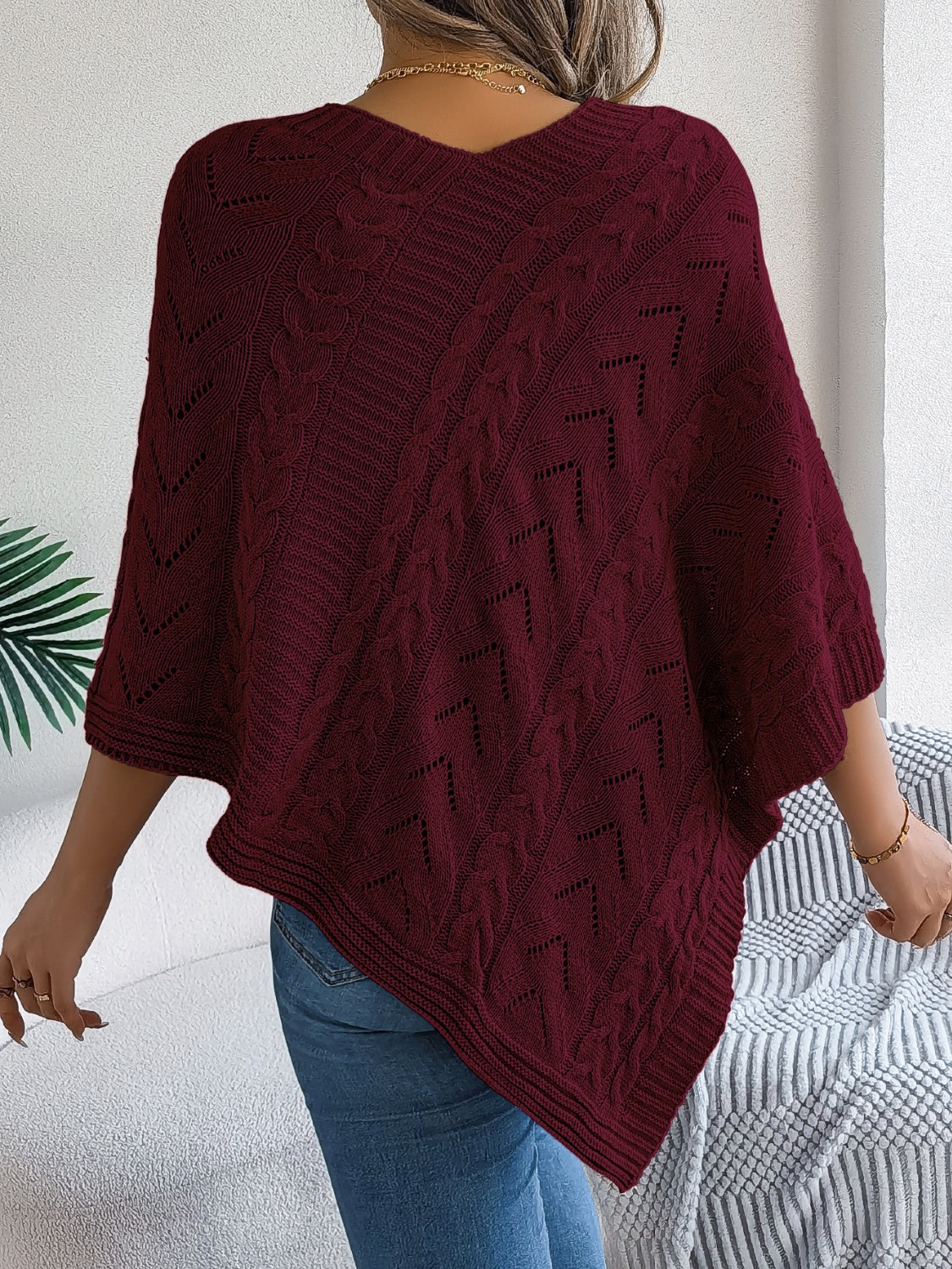 Cable-Knit Openwork Three-Quarter Sleeve Sweater