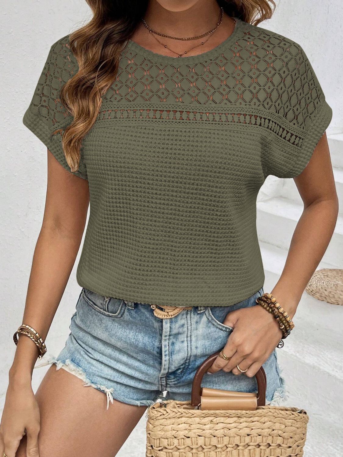 Waffle-Knit Round Neck Short Sleeve Top