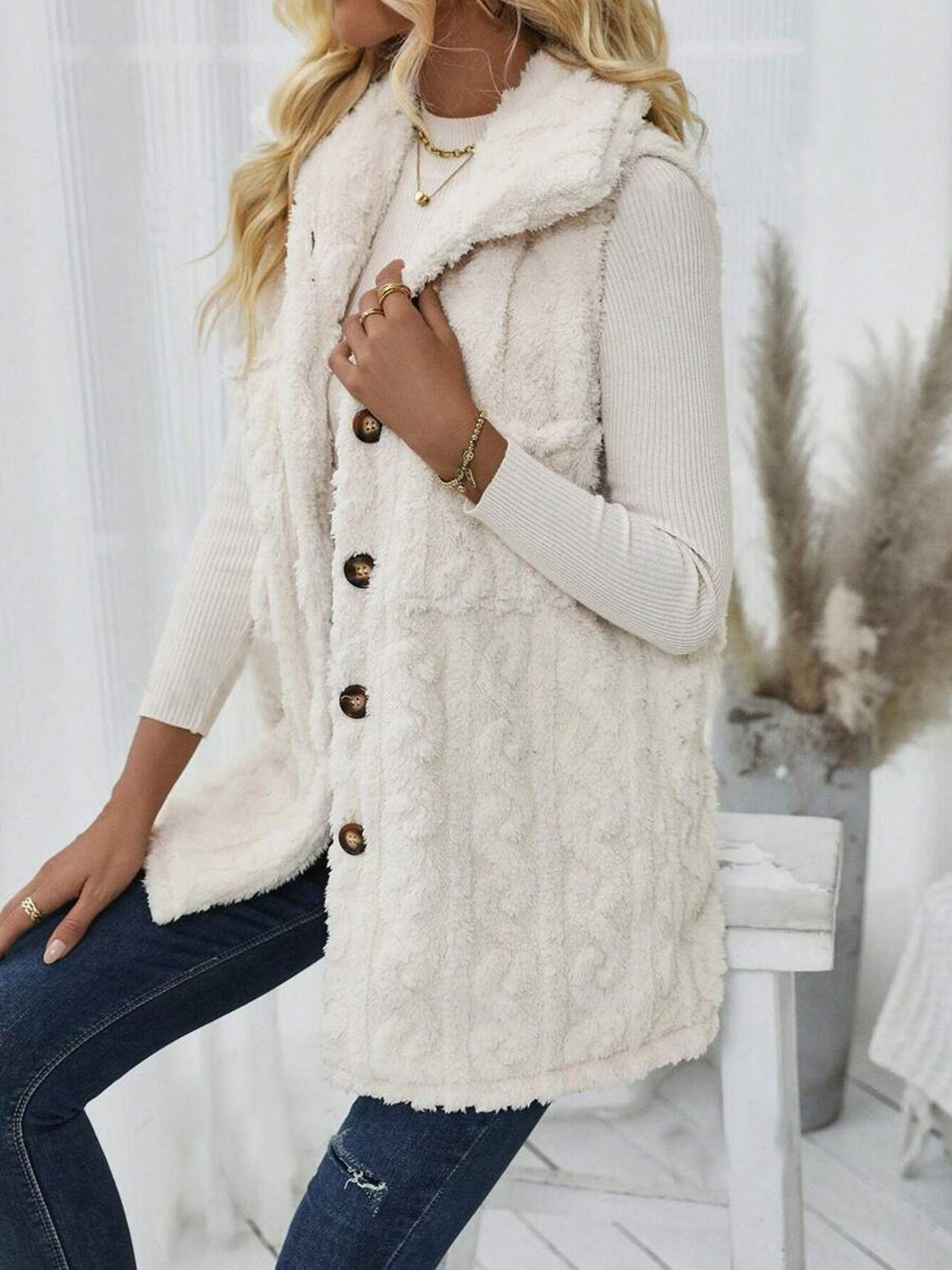 Fuzzy Button Up Vest Coat