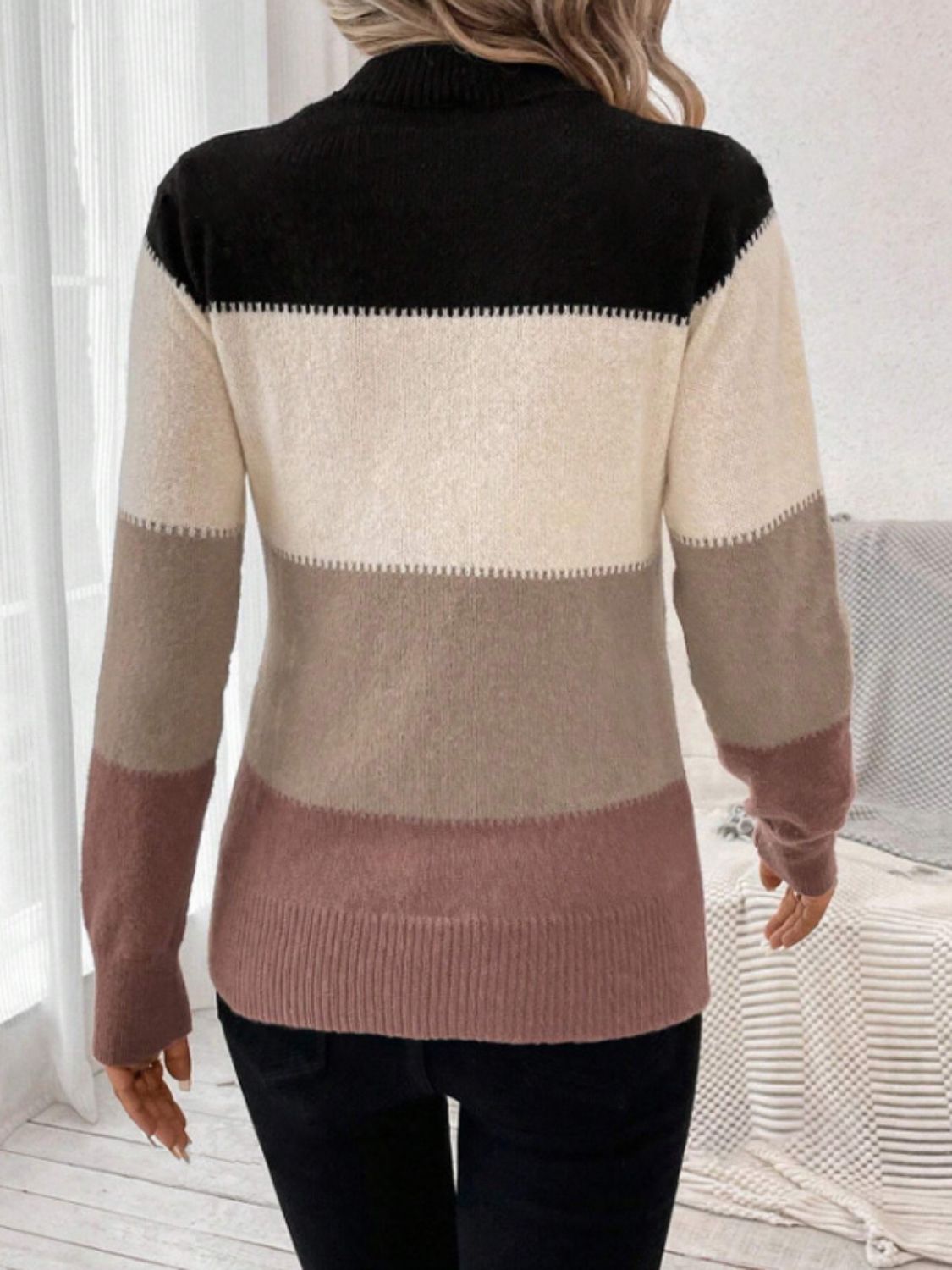 Color Block Mock Neck Long Sleeve Sweater